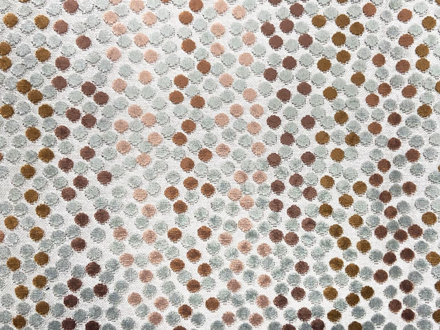 Cool blue-grey velvet with scattered blush, brown, olive and cream pebble dots