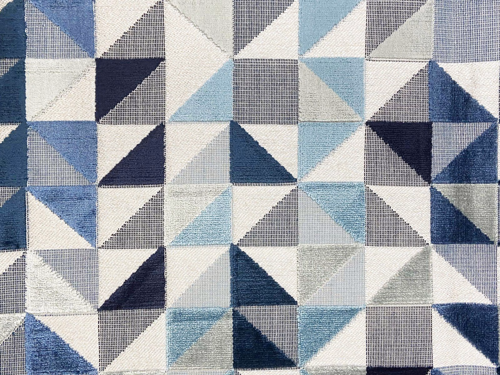 Navy, pale blue, grey and white triangular velvet geometric swatch