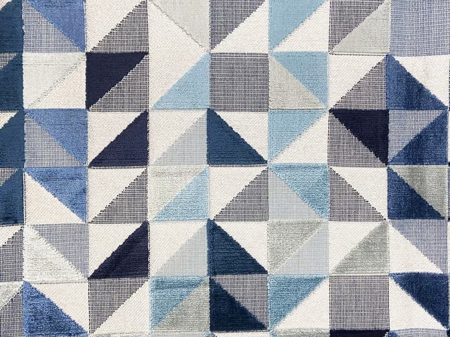Navy, pale blue, grey and white triangular velvet geometric swatch