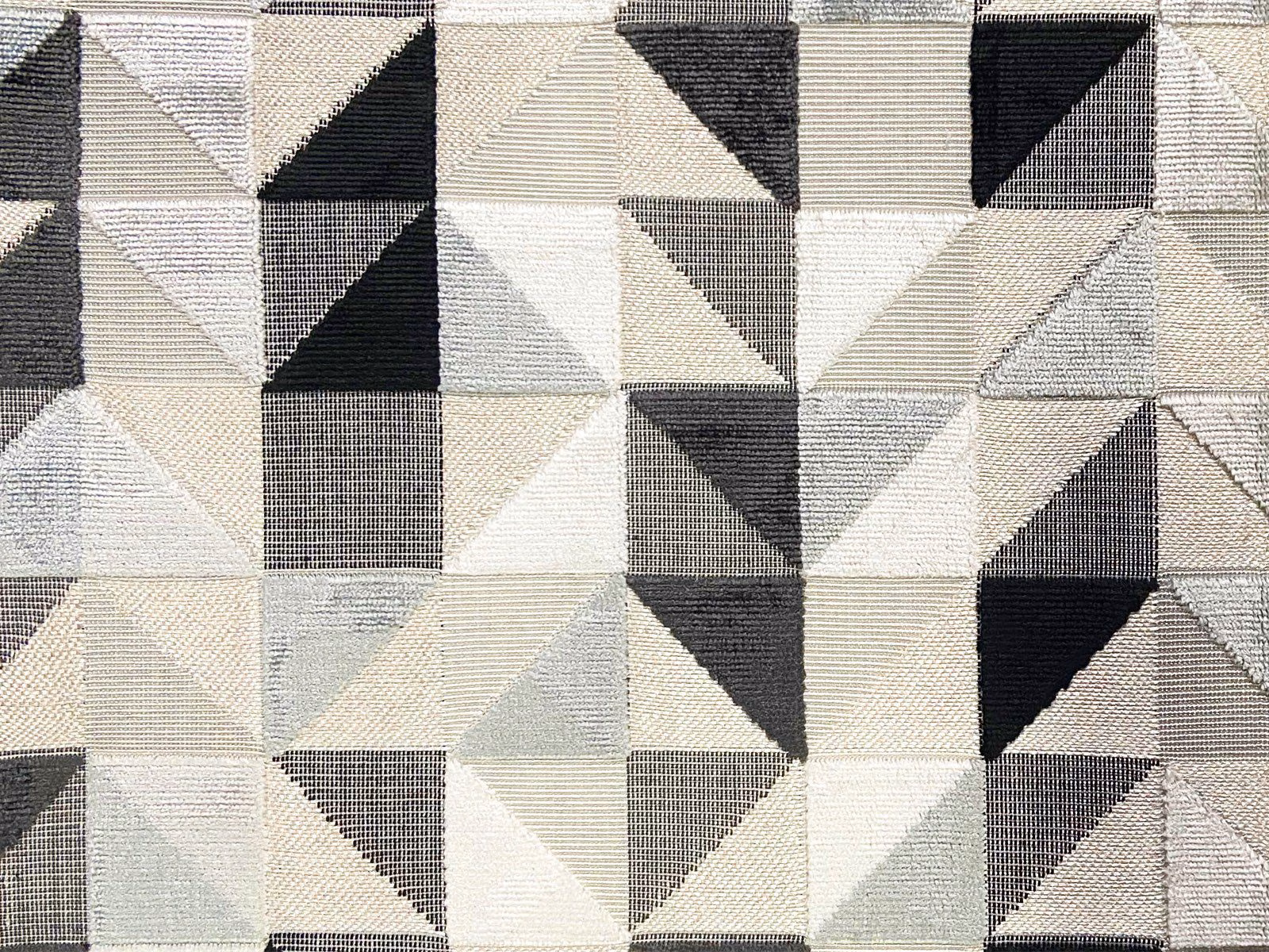 Charcoal, grey, cream and white geometric velvet with triangular woven blocks