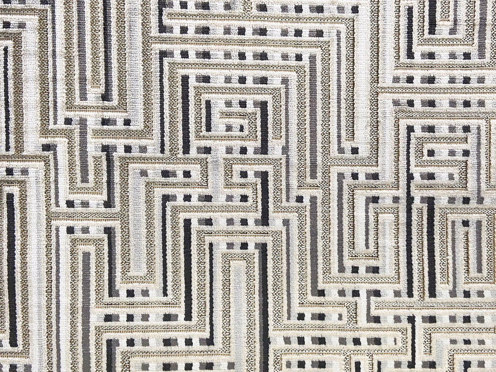Cream velvet with charcoal maze lines and taupe dotted geometric accents