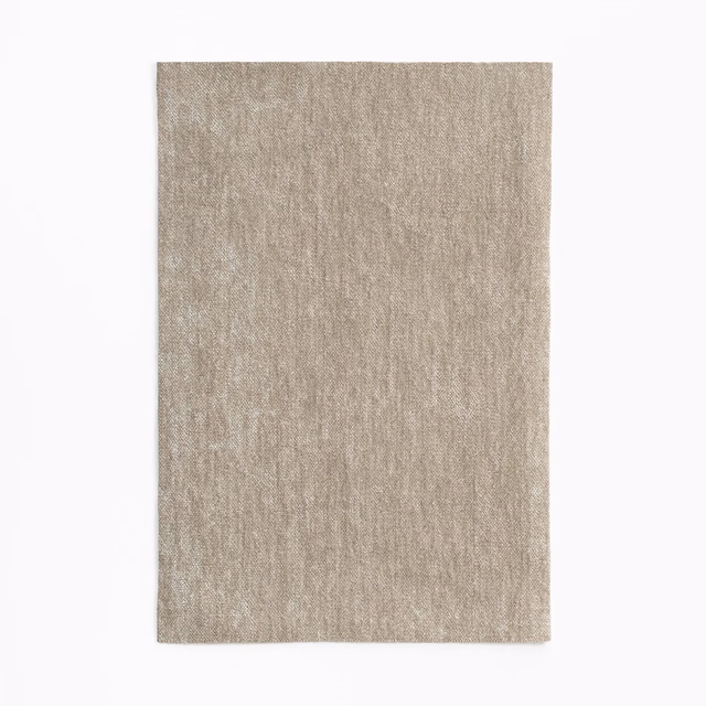 Warm dune-beige chenille swatch with fine vertical striations and softly brushed texture