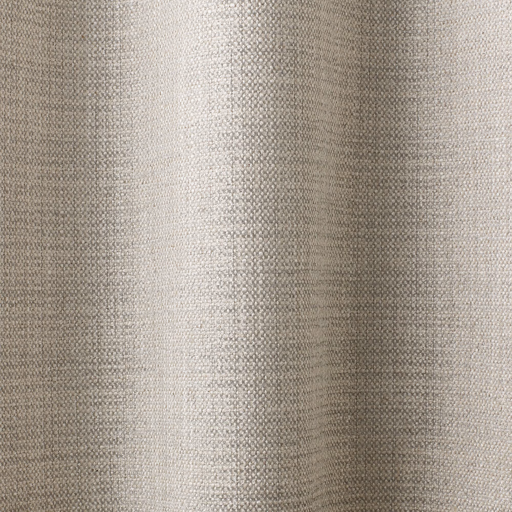 Warm ivory and greige chenille with tactile weave and broad vertical tonal bands