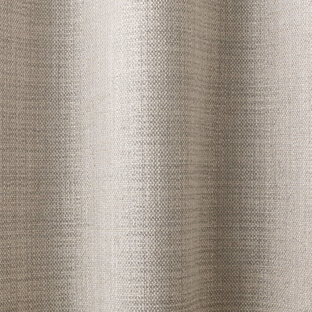 Warm ivory and greige chenille with tactile weave and broad vertical tonal bands