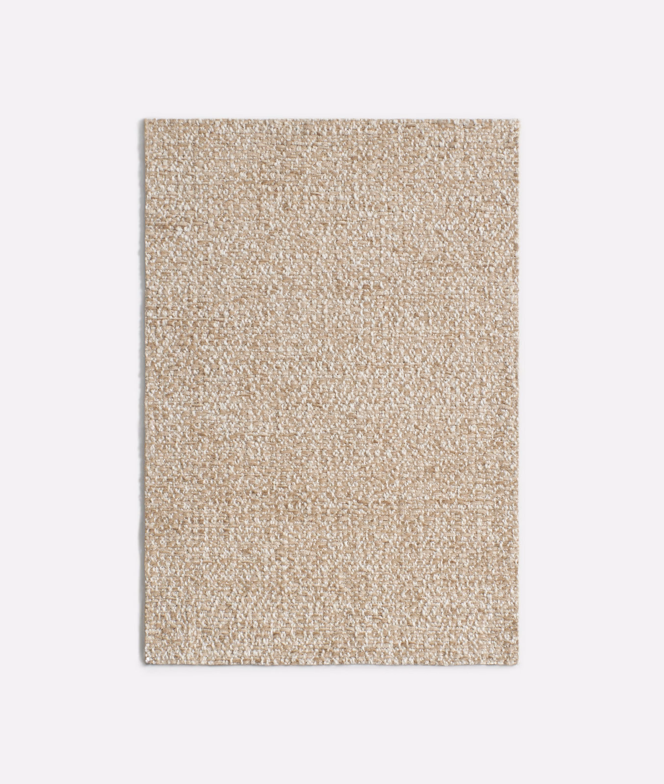 Warm sandy beige chenille swatch with a fine nubby weave and ivory flecks