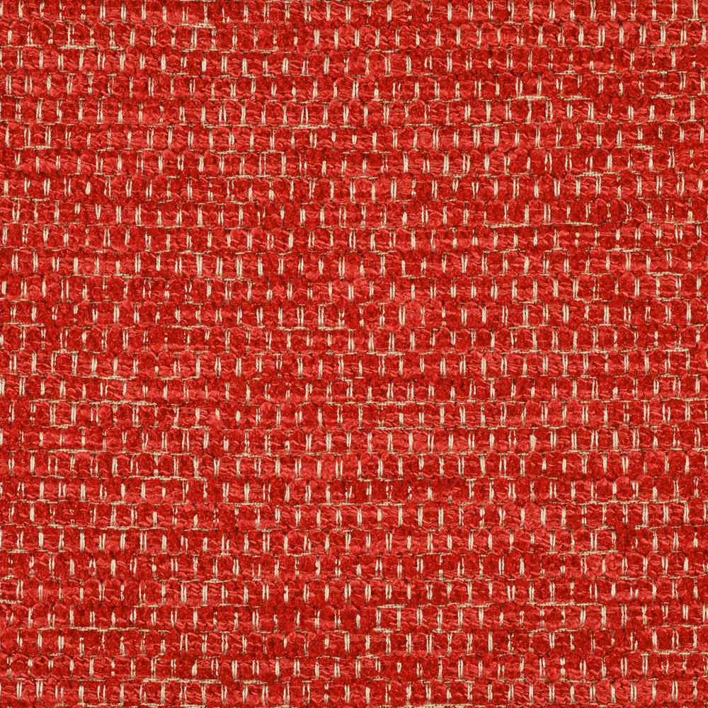 Close-up of warm red chenille weave with pale cream flecks and raised texture