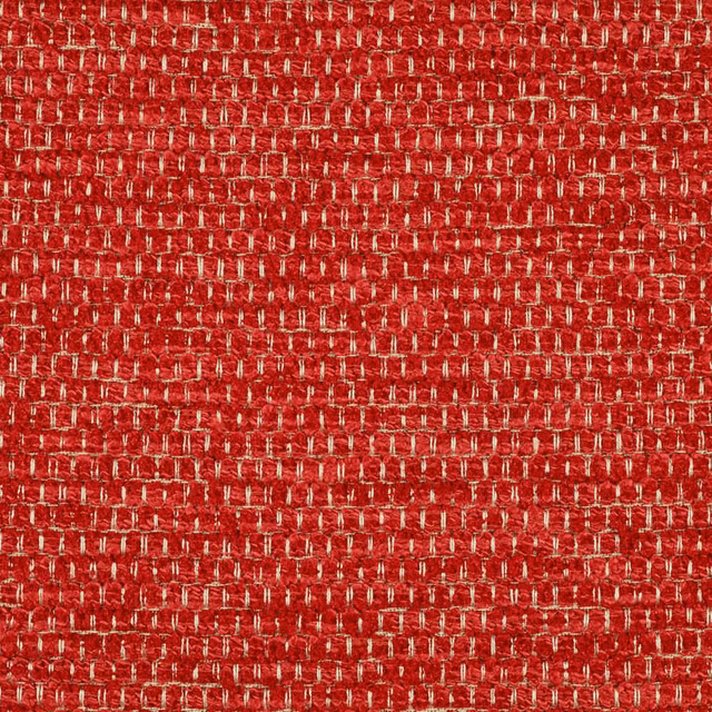Close-up of warm red chenille weave with pale cream flecks and raised texture