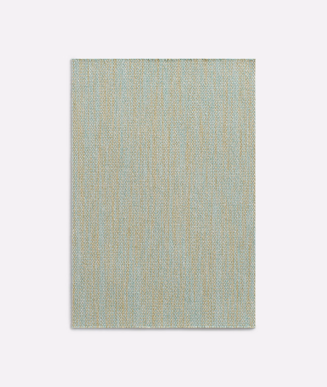 Pale celadon green fabric with fine vertical blue-green and ivory woven stripes