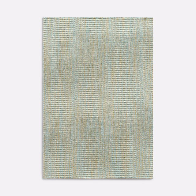 Pale celadon green fabric with fine vertical blue-green and ivory woven stripes