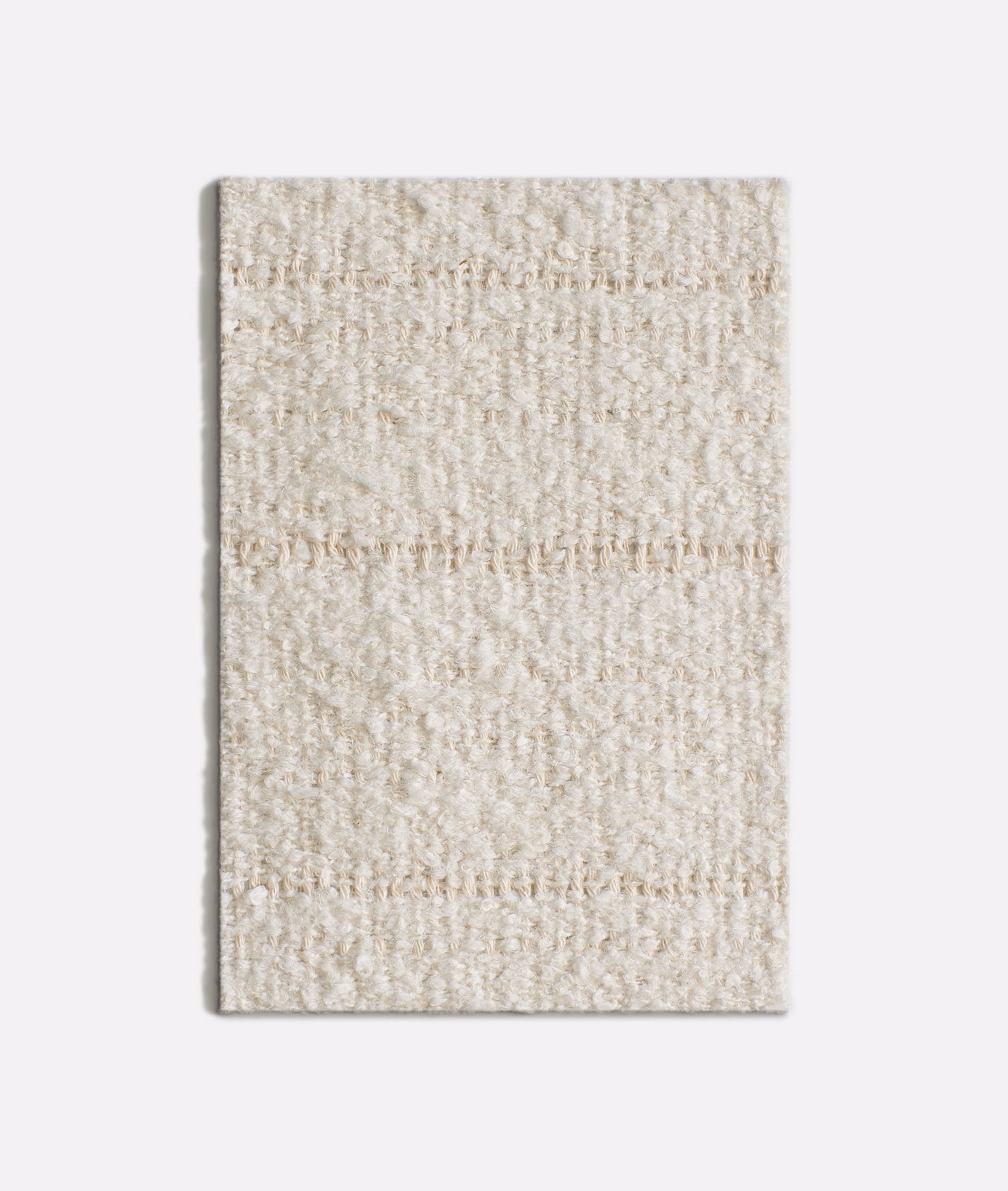 Warm ivory woven fabric swatch with nubby texture and subtle horizontal beige bands