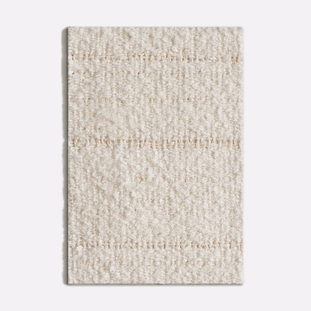 Warm ivory woven fabric swatch with nubby texture and subtle horizontal beige bands