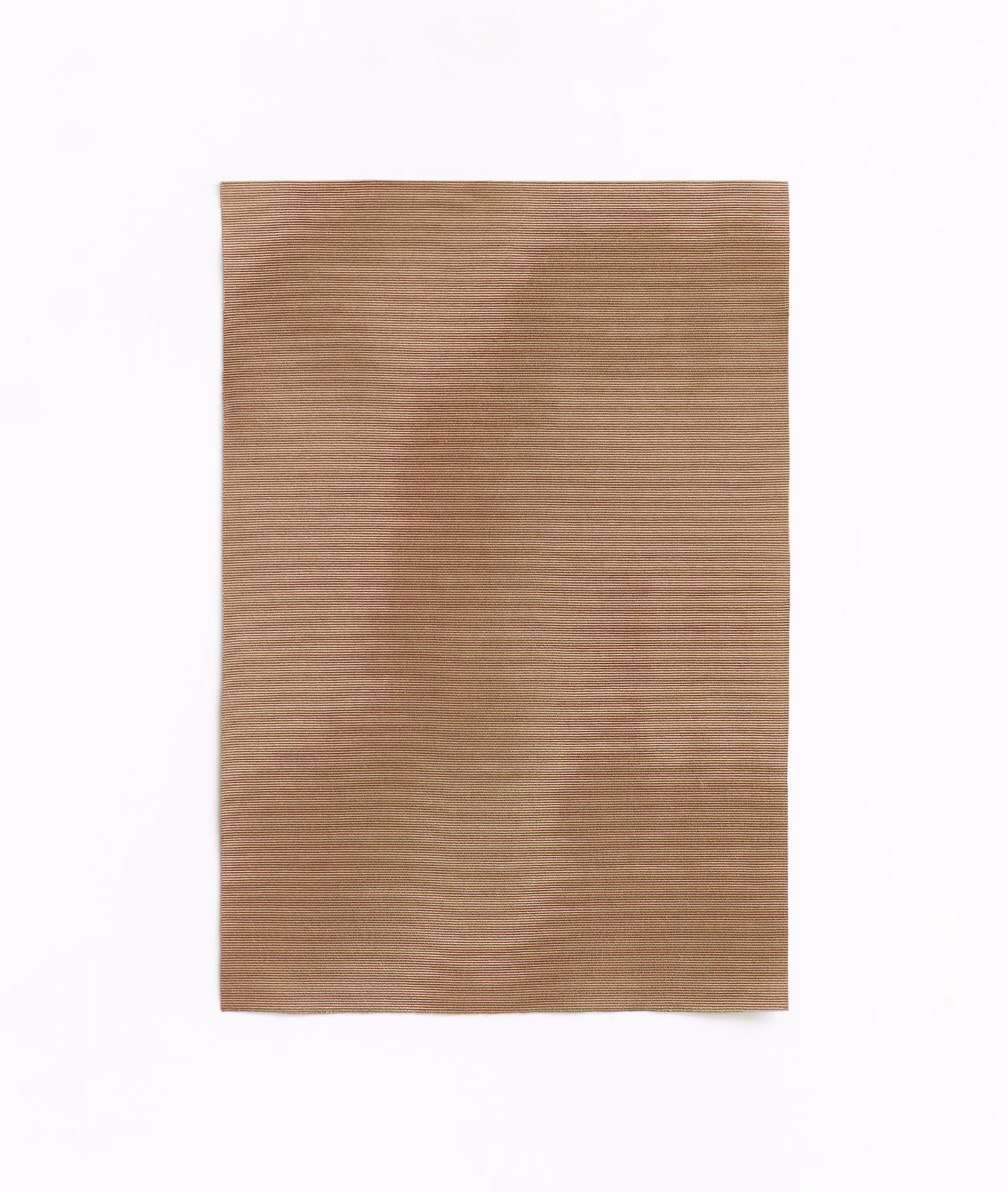 Warm terracotta-taupe curtain cloth with subtle cloudy bands and fine horizontal grain