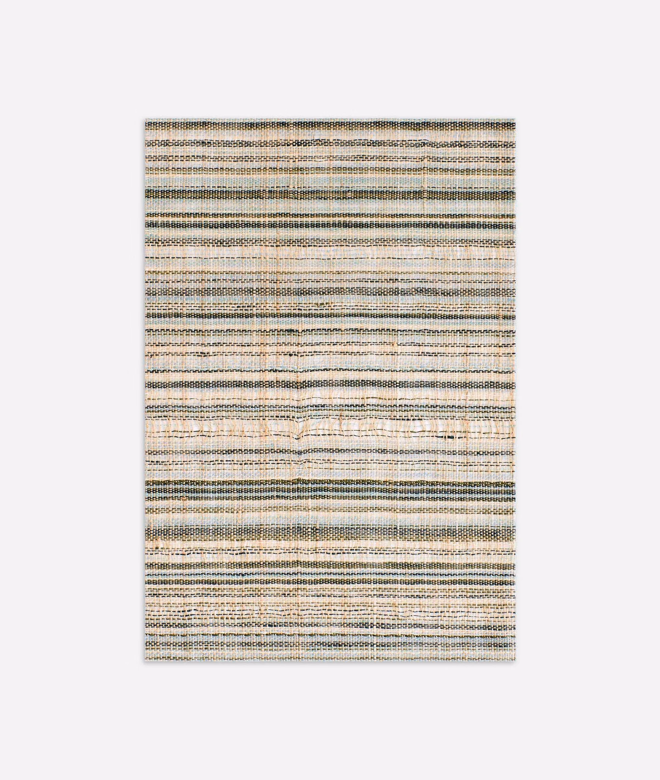 Ivory woven curtain fabric with irregular taupe, blue-grey and muted brown horizontal stripes