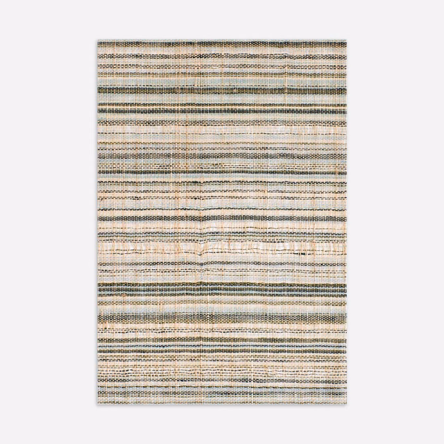 Ivory woven curtain fabric with irregular taupe, blue-grey and muted brown horizontal stripes