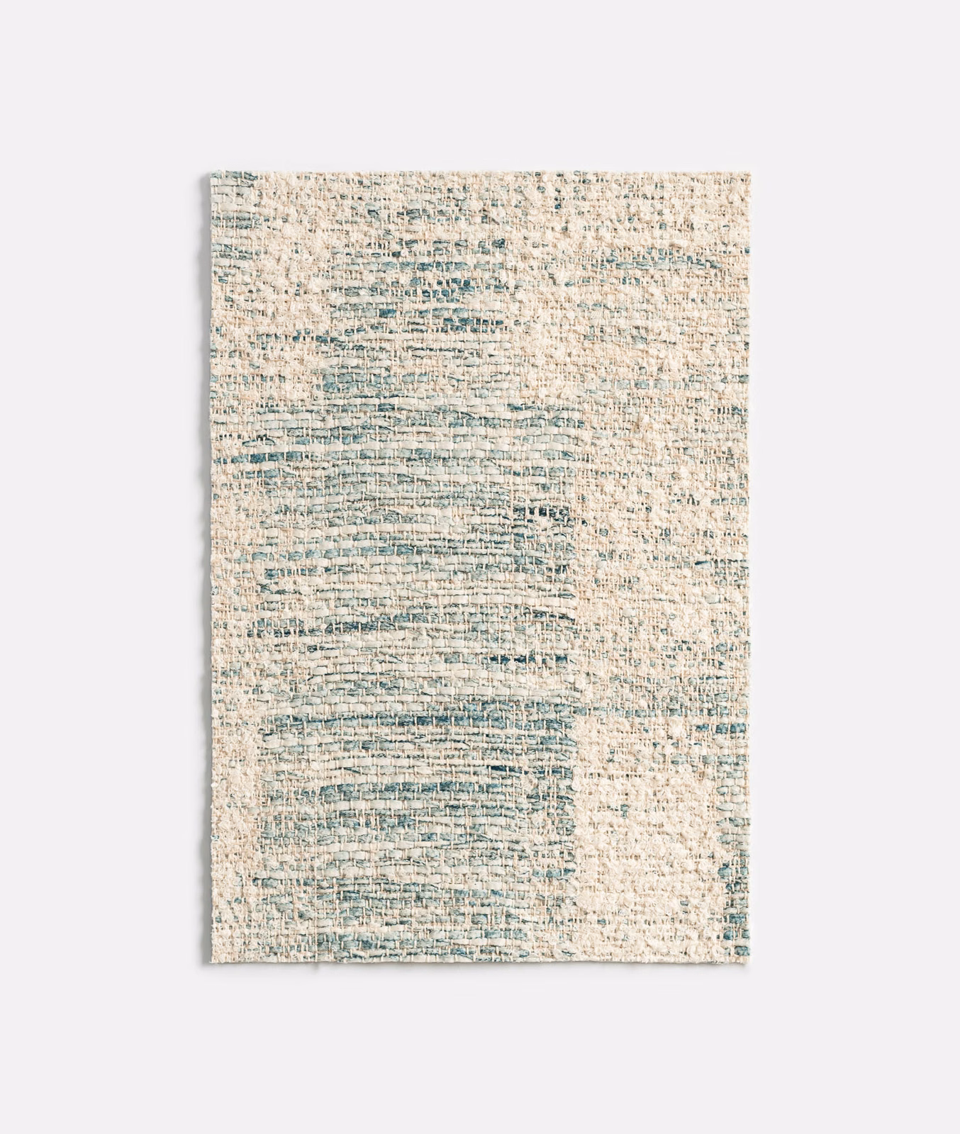 Chalky cream woven swatch with broken teal-blue horizontal painterly markings