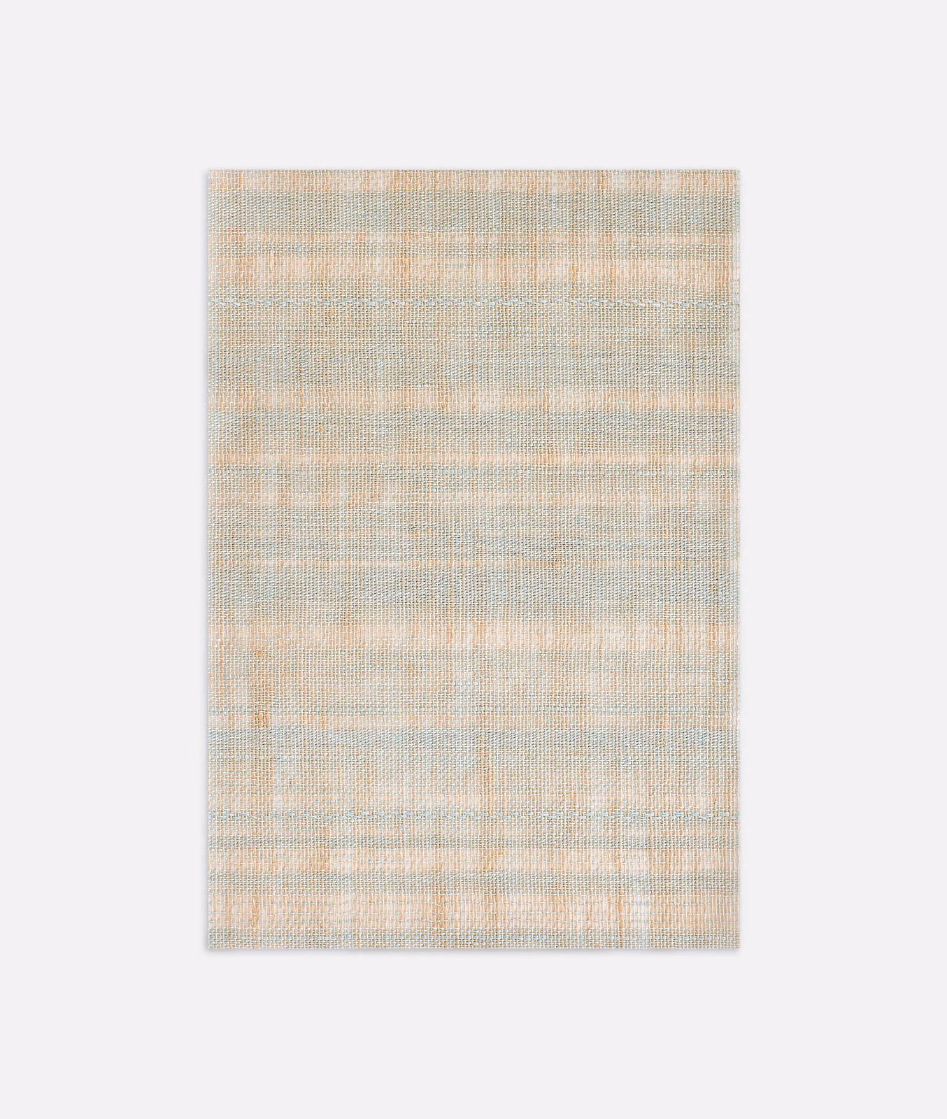 Pale celadon woven check with soft peach horizontal bands and fine texture
