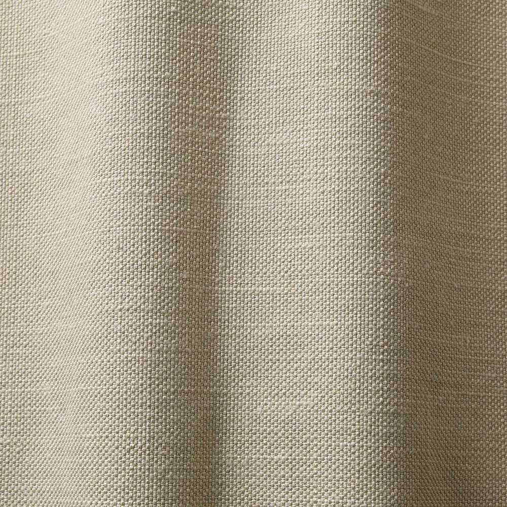 Warm ivory-beige woven curtain fabric with subtle vertical tonal bands and tactile texture