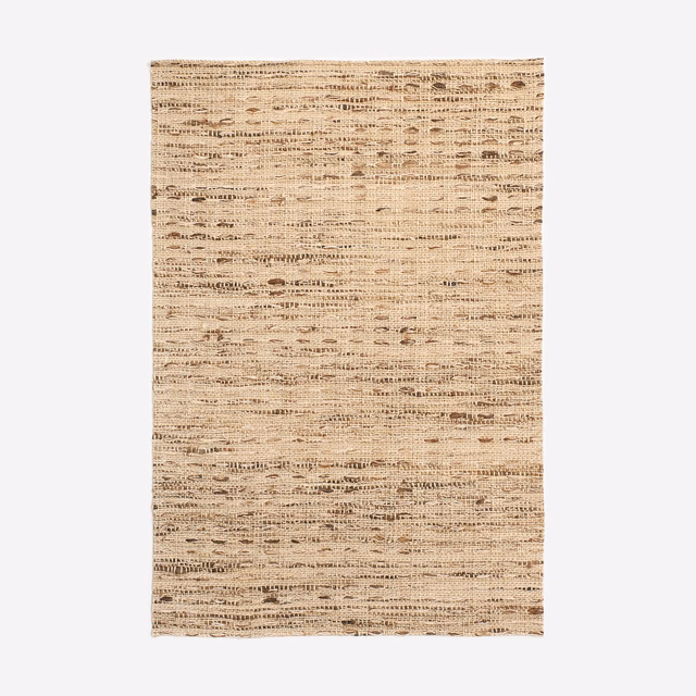 Warm oat-beige woven swatch with irregular brown horizontal flecks and tactile texture
