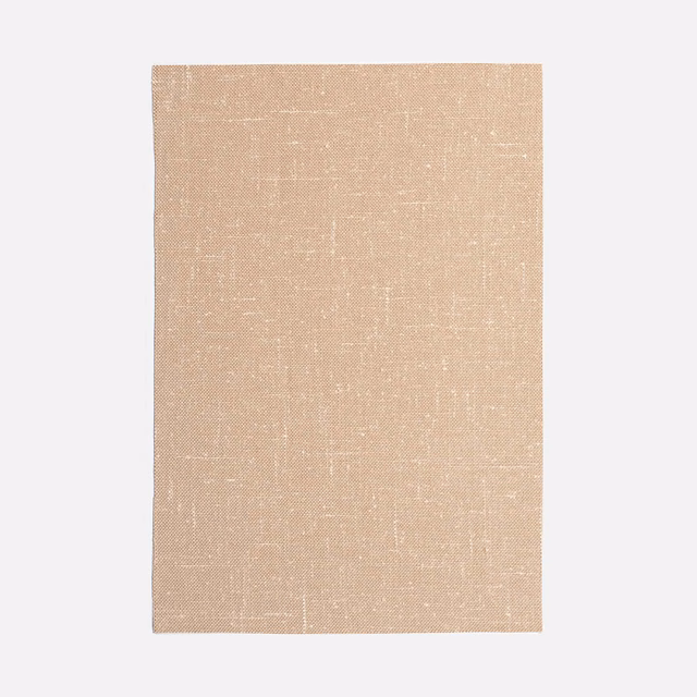 Warm beige woven curtain fabric with subtle irregular flecks and linen-like texture