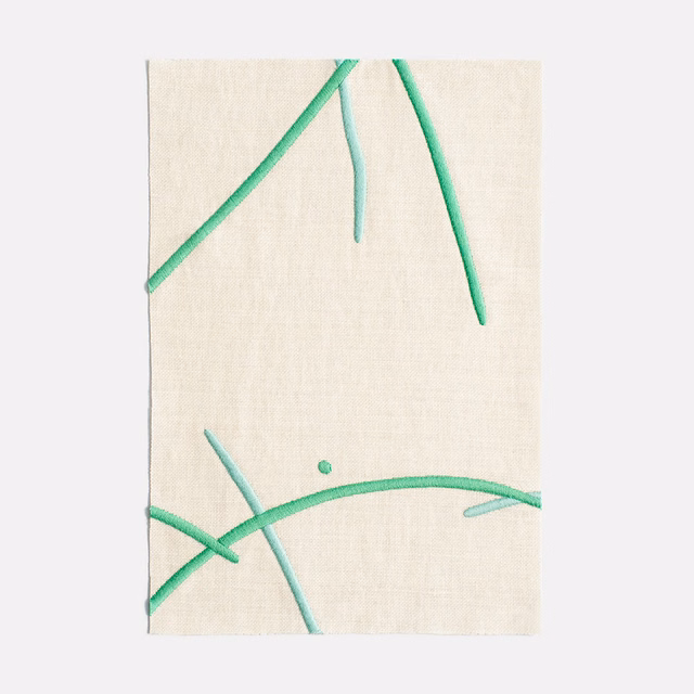 Warm ivory curtain fabric with looping mint-green strokes and fine woven texture
