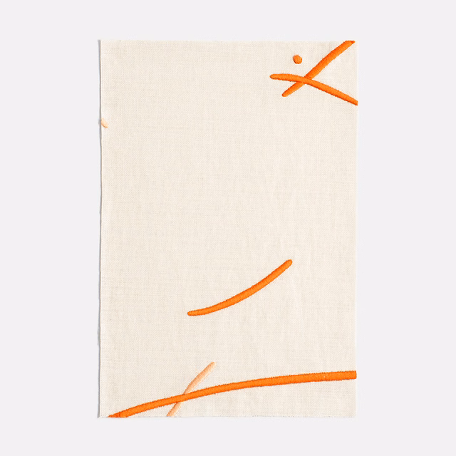 Warm ivory curtain fabric with sparse vivid tangerine linear motifs and fine texture