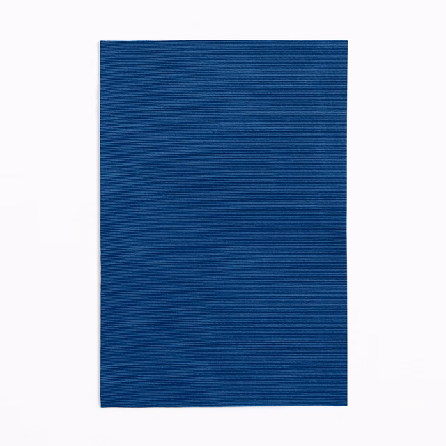 Deep ink-blue curtain fabric swatch with fine horizontal woven texture