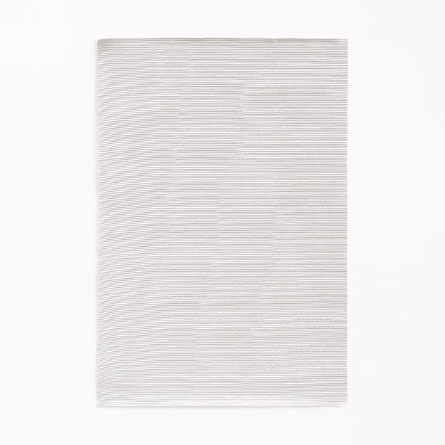 Pale pearl ivory fabric swatch with fine horizontal striations and subtle sheen