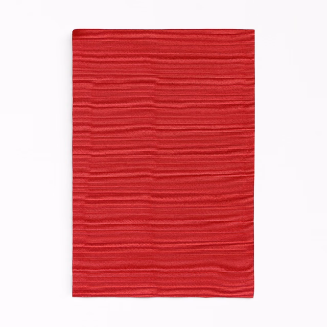 Deep crimson red curtain fabric with fine horizontal ribbed texture