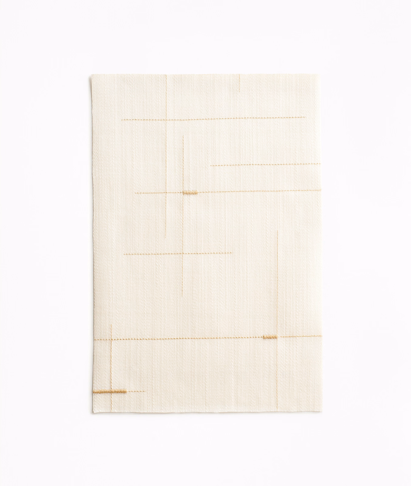 Warm ivory woven curtain fabric with fine grid lines and subtle gold accents