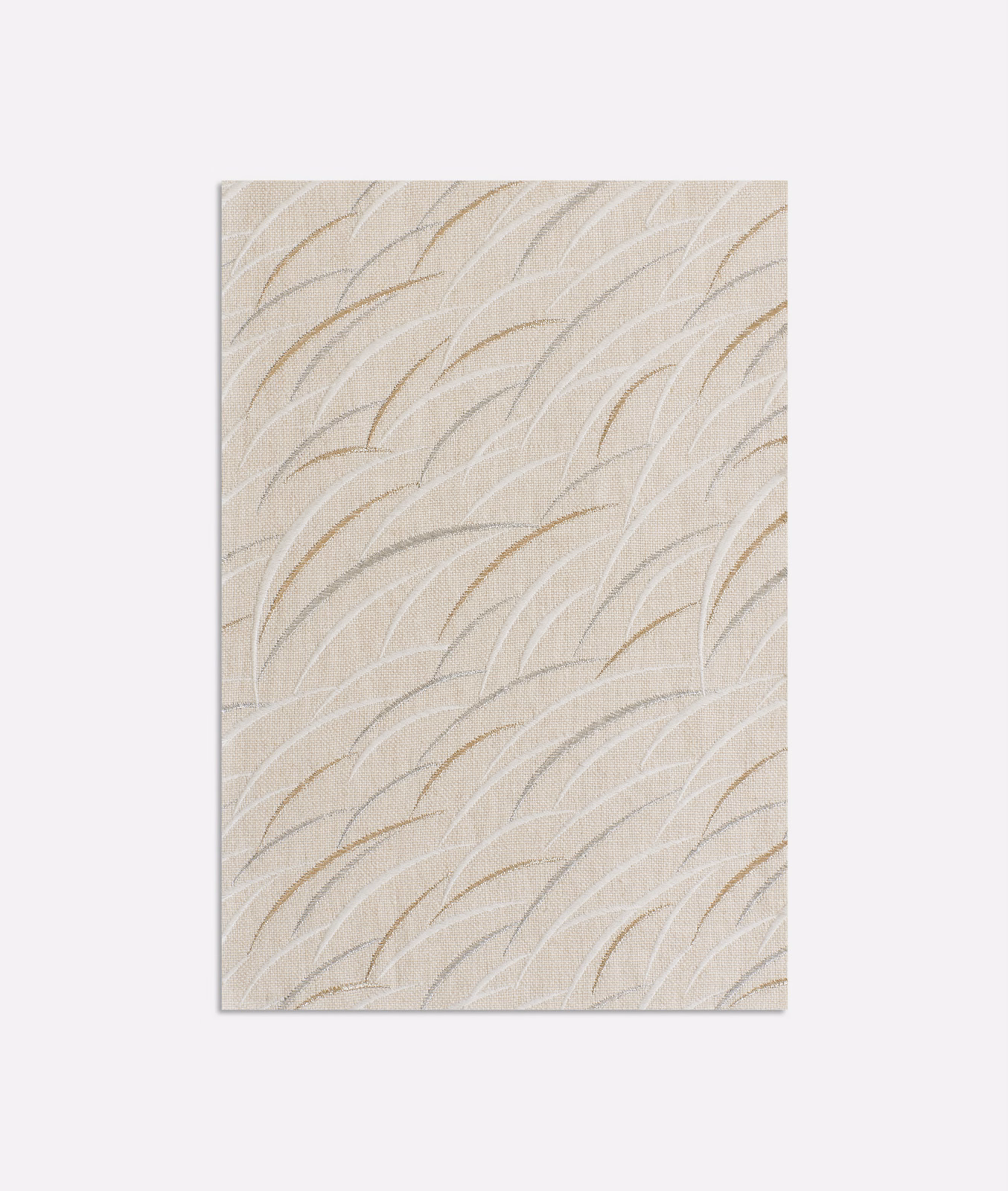 Pale greige curtain fabric with repeated ivory and taupe sweeping curved lines