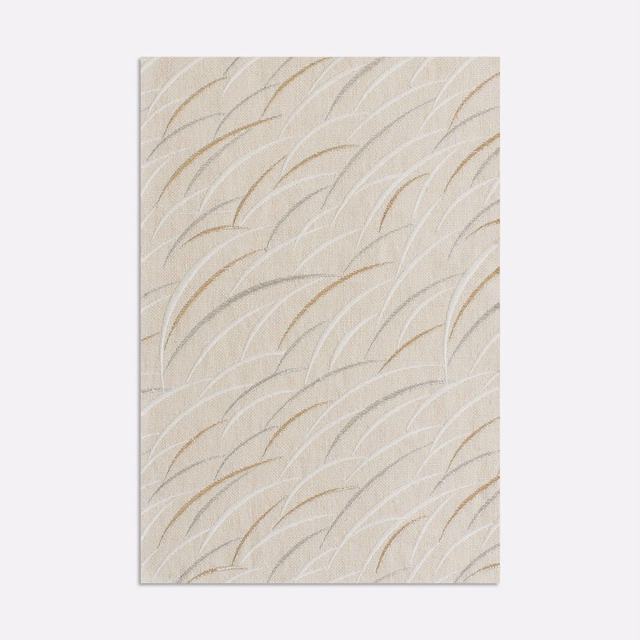 Pale greige curtain fabric with repeated ivory and taupe sweeping curved lines