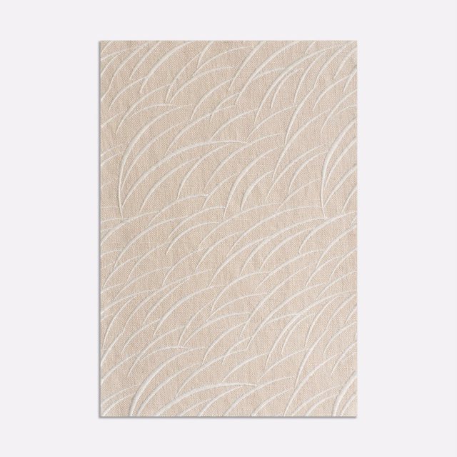 Ivory beige curtain fabric with fine white overlapping curved leaf lines