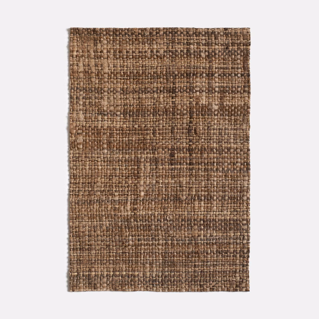 Warm raw-brown woven swatch with irregular crosshatch texture and subtle horizontal tonal bands