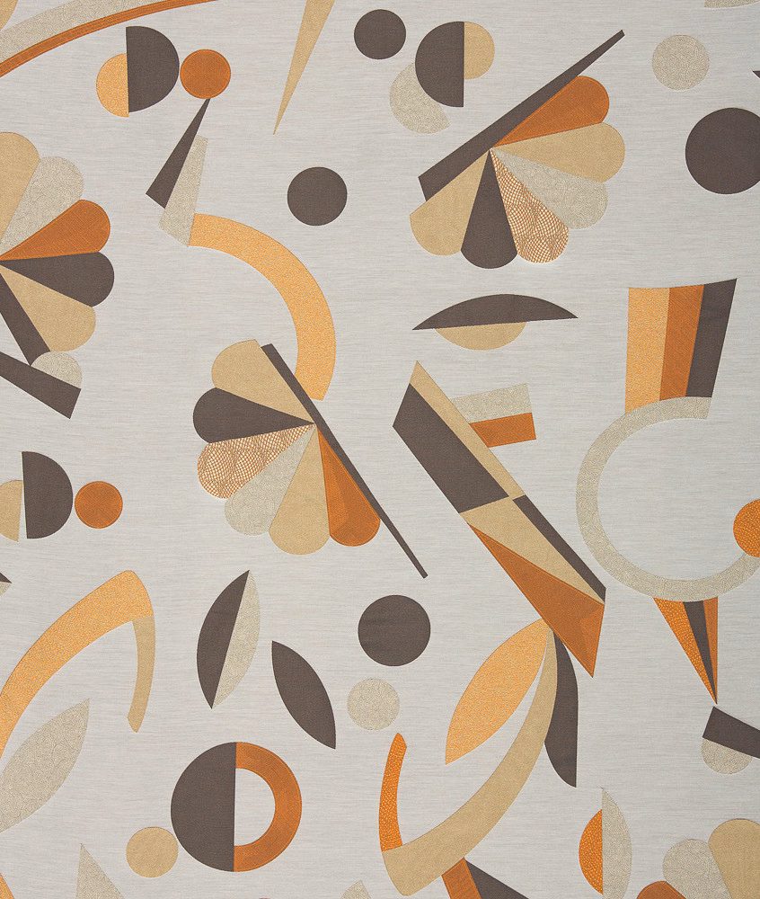 Silver-grey geometric textile with rust, charcoal, taupe and cream fan motifs