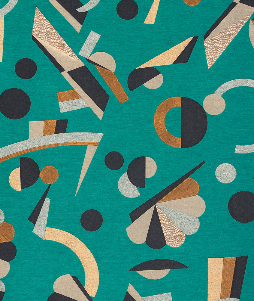 Emerald woven curtain fabric with black, cream, ochre and tan geometric forms