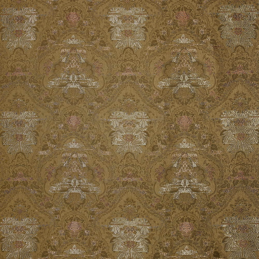 Olive-brown damask curtain fabric with pale botanical motifs and dusty pink accents