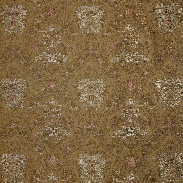 Olive-brown damask curtain fabric with pale botanical motifs and dusty pink accents