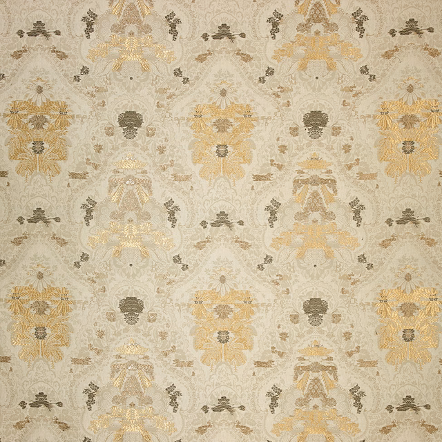 Antique cream curtain fabric with ornate gold damask medallions and taupe details
