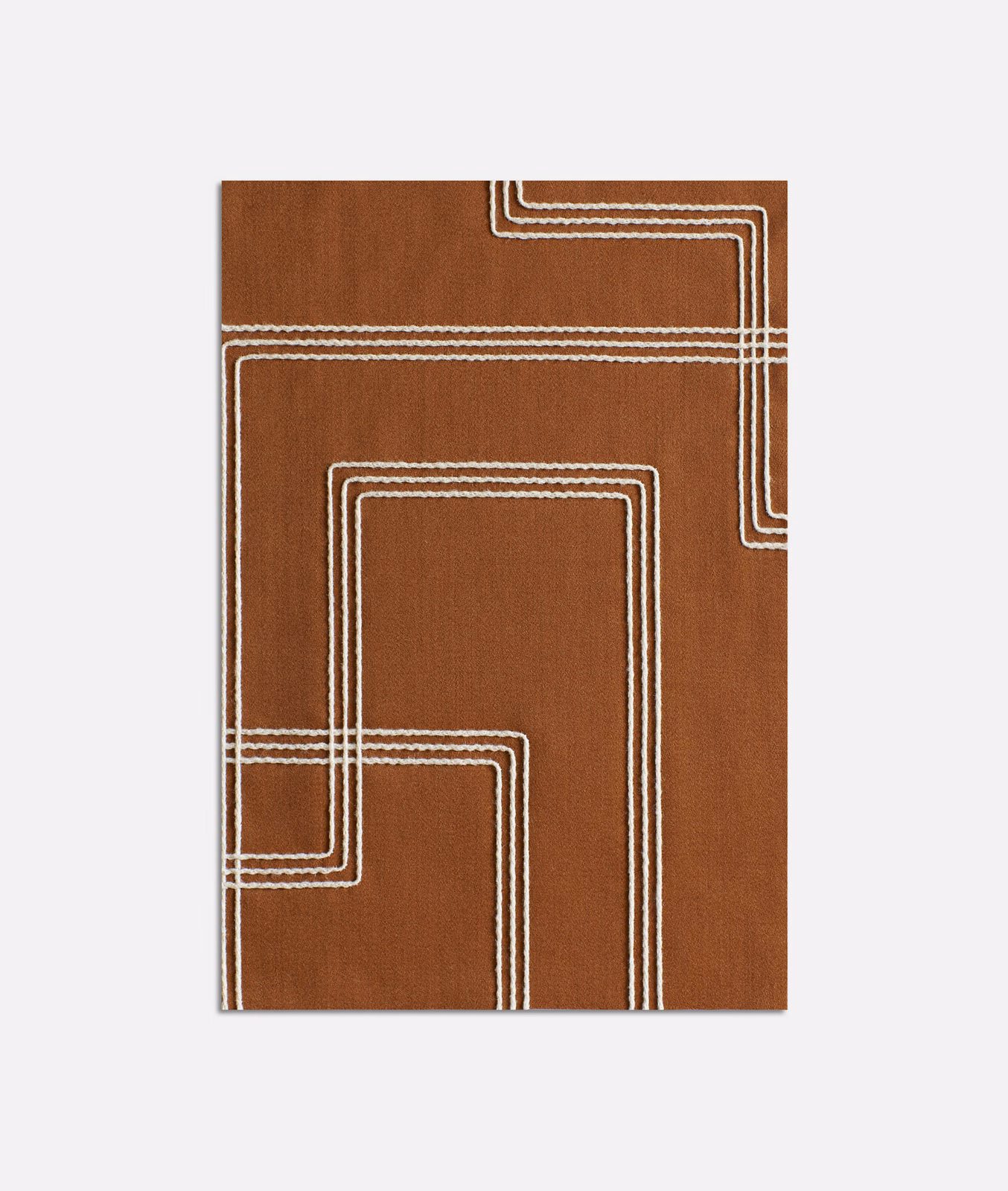 Warm tobacco-brown textile with cream triple-line geometric paths and fine vertical weave