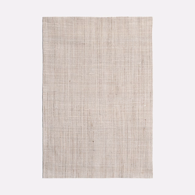 Pale greige woven curtain fabric with fine vertical striations and linen-like texture