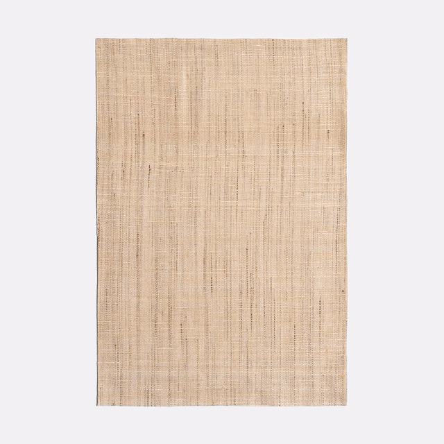Warm sandy beige woven swatch with fine vertical striations and subtle horizontal slubs