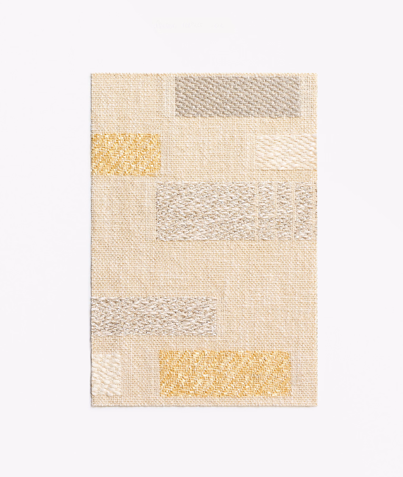 Ivory woven curtain swatch with textured rectangles and muted golden-yellow accents