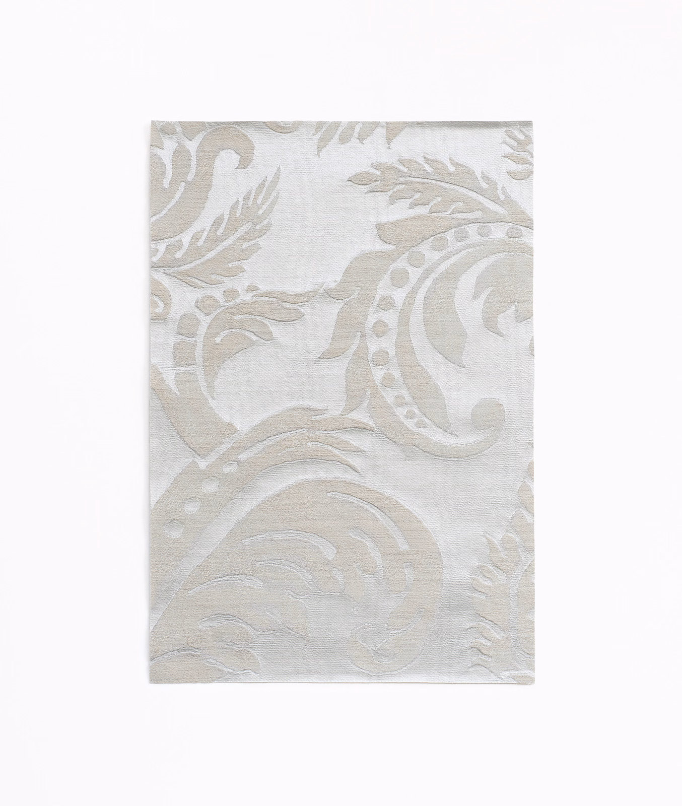 Pale powder-blue damask swatch with ivory scrolls and a softly textured woven surface