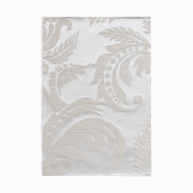 Pale powder-blue damask swatch with ivory scrolls and a softly textured woven surface