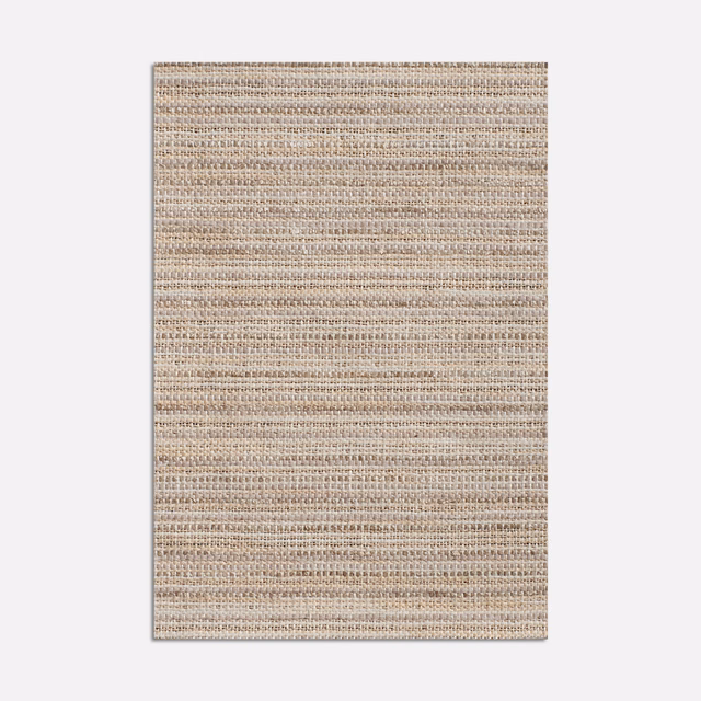 Warm beige curtain fabric with fine horizontal woven striations and taupe flecks