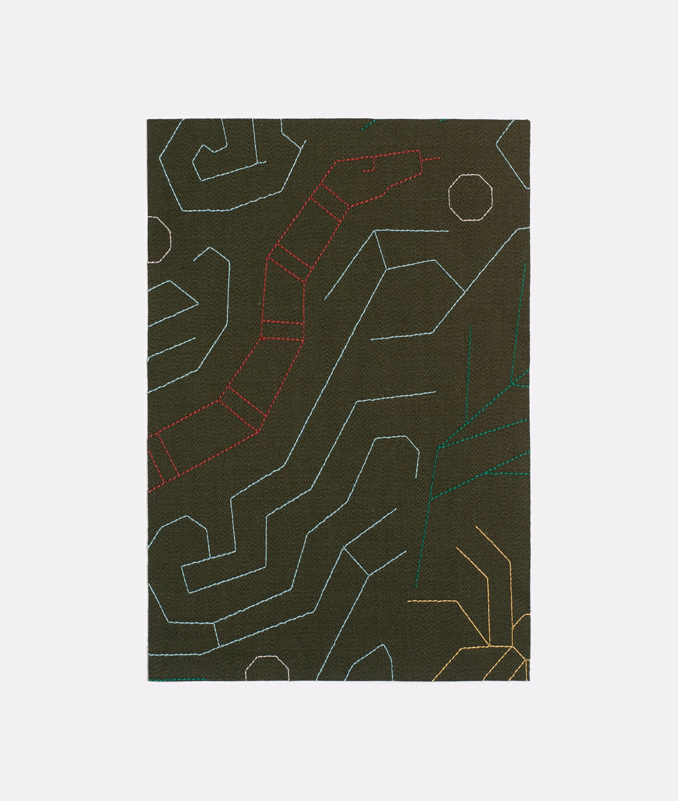 Dark olive woven ground with red, blue, green and ochre geometric outlines