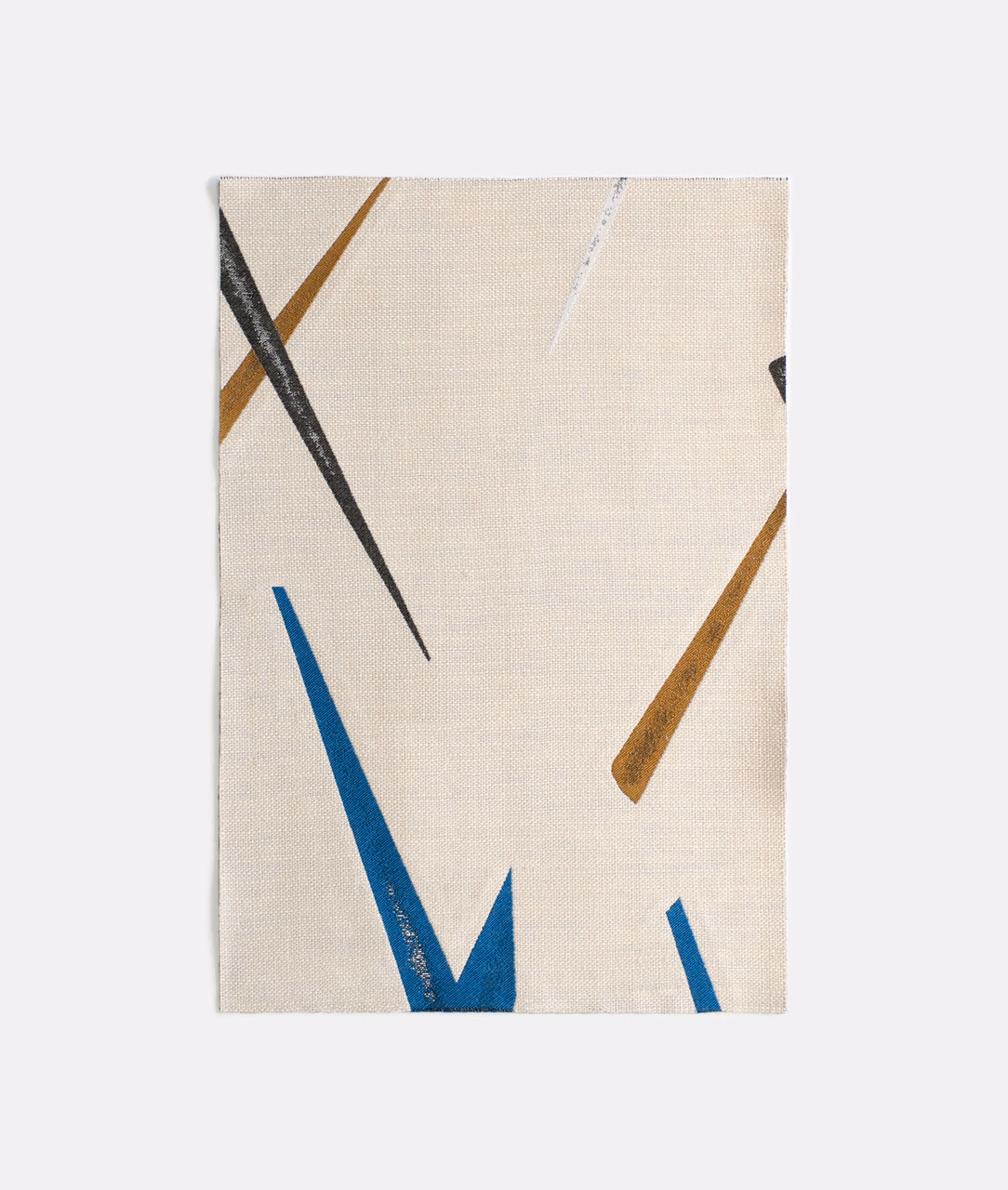 Ivory woven curtain fabric with electric-blue, black, ochre and silver strokes