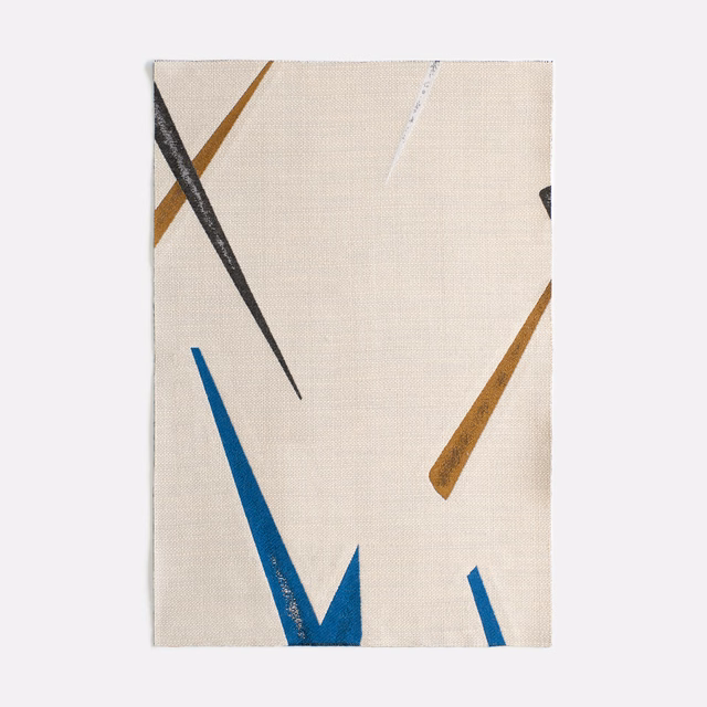 Ivory woven curtain fabric with electric-blue, black, ochre and silver strokes