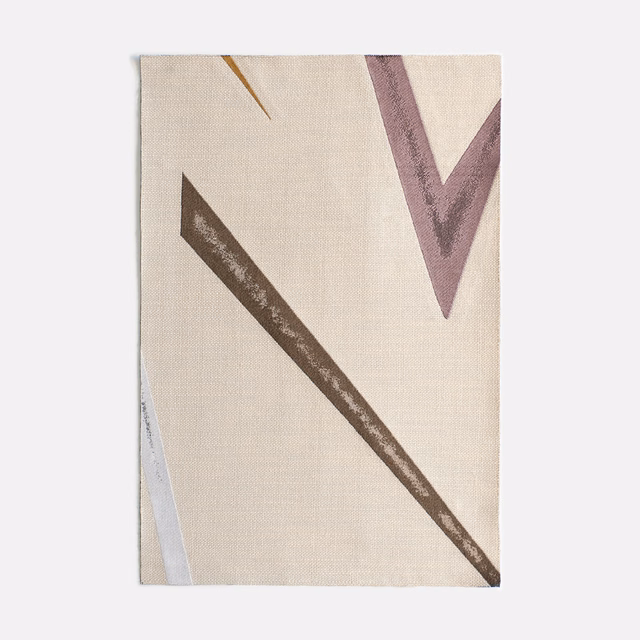 Warm ivory textile with mauve V, brown diagonal and ochre line