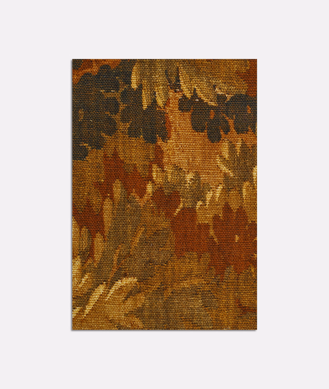 Warm russet and ochre woven curtain fabric with dark olive botanical forms